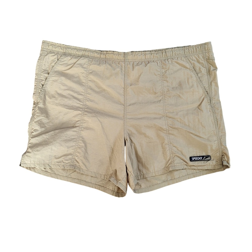 VINTAGE Speedo Mens Tan Crinkle Nylon Swim Trunks Mesh Lined Shorts size Large